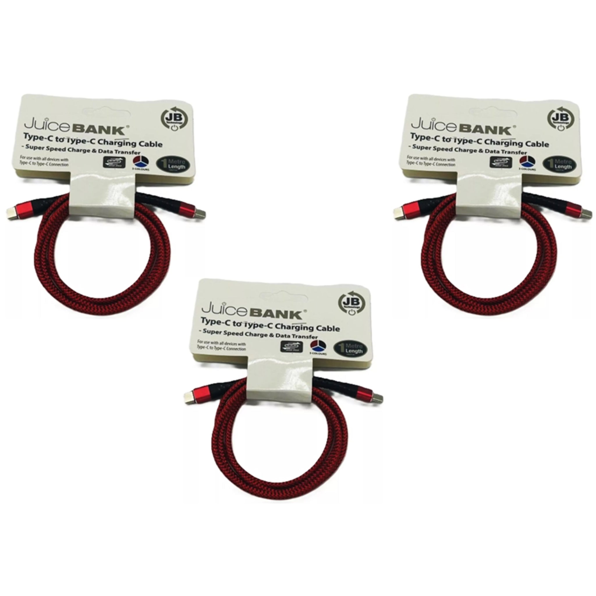 JuiceBank 3 pack USB Type-C to Type-C braided charging cables ā fast charge and data transfer for compatible Android devices, tablets, and laptops